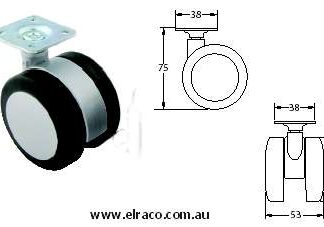 Castor Twin Wheel 60mm. Plate Fix