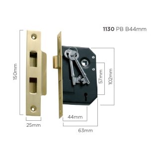 1130 - 3 Lever Mortice Lock - Polished Brass - 44mm Backset