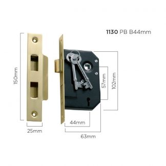 1130 - 3 Lever Mortice Lock - Polished Brass - 44mm Backset