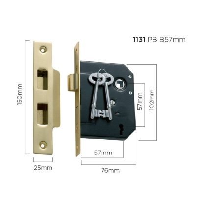 1131 - 3 Lever Mortice Lock - Polished Brass - 57mm Backset
