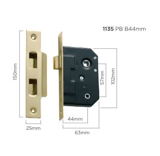 1135 - Bathroom Lock - Polished Brass - 44mm Backset