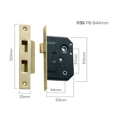 1135 - Bathroom Lock - Polished Brass - 44mm Backset