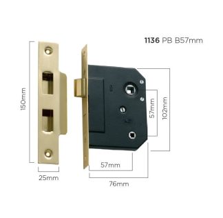 1136 - Bathroom Lock - Polished Brass - 57mm Backset