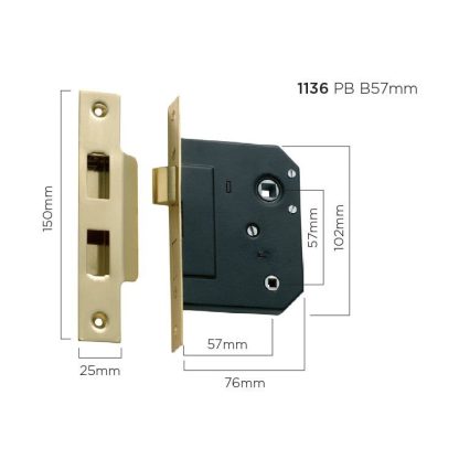 1136 - Bathroom Lock - Polished Brass - 57mm Backset