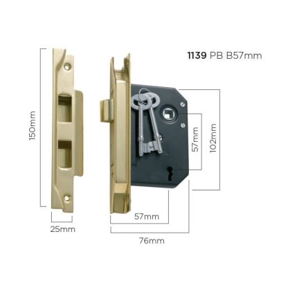 1139 - Rebated Lock - Polished Brass - 57mm Backset