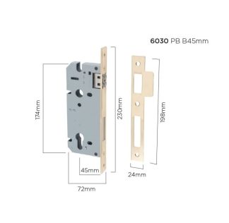 6030 - Mortice Lock Roller Euro Polished Brass CTC85mm Backset 45mm
