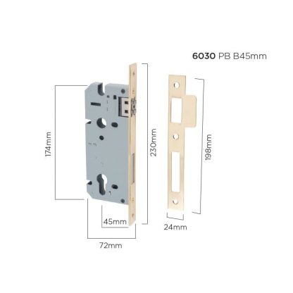 6030 - Mortice Lock Roller Euro Polished Brass CTC85mm Backset 45mm