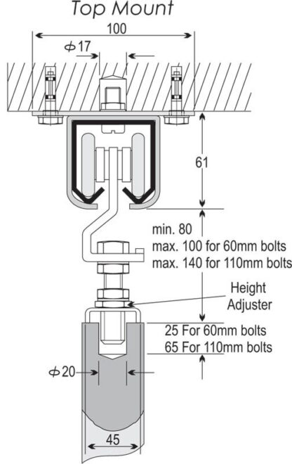 Two Wheel Sliding Door Roller. M12 X 110mm Bolt -Cowdroy OM51100 - Image 2