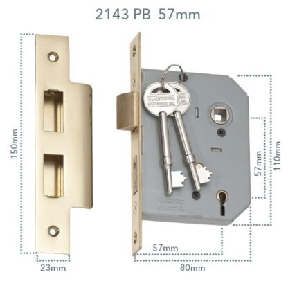 2143 - 5 Lever Mortice Lock - Polished Brass with a 57mm Backset - Image 3