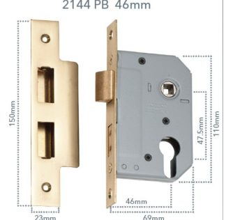 Mortice Lock Euro Polished Brass CTC47.5mm Backset 46mm