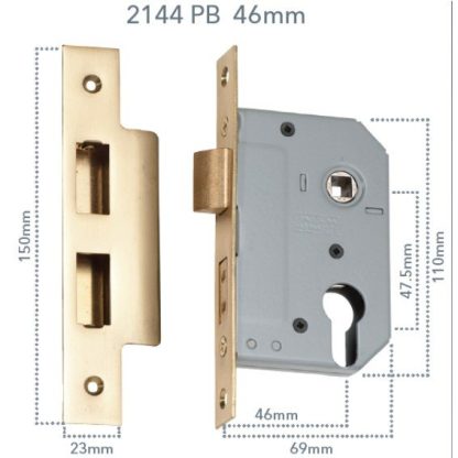 Mortice Lock Euro Polished Brass CTC47.5mm Backset 46mm