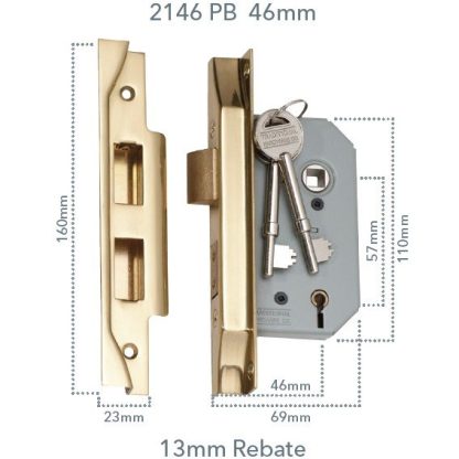 2146 - 5 Lever Rebated Mortice Lock - Polished Brass with a 46mm Backset - Image 2