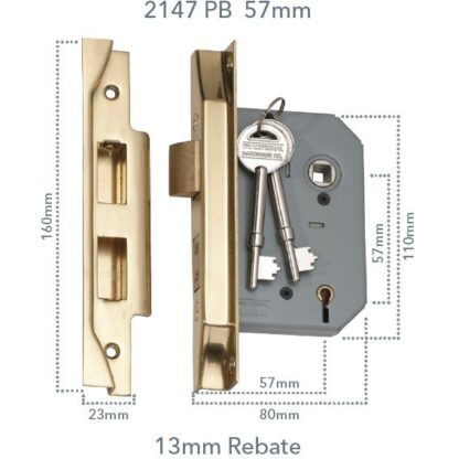 2147 - 5 Lever Rebated Mortice Lock - Polished Brass with a 57mm Backset - Image 3