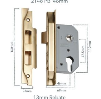 Mortice Lock Euro Rebated Polished Brass CTC47.5mm Backset 46mm