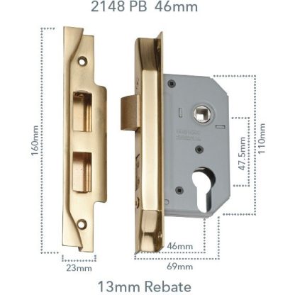 Mortice Lock Euro Rebated Polished Brass CTC47.5mm Backset 46mm
