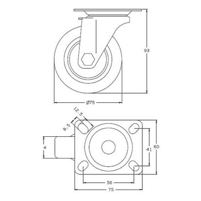 Castor 75mm Swivel. Black Rubber Wheel. 40kg Rated - Image 2
