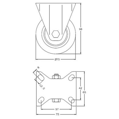 Castor 75mm Fixed. Black Rubber Wheel. 40kg Rated - Image 2