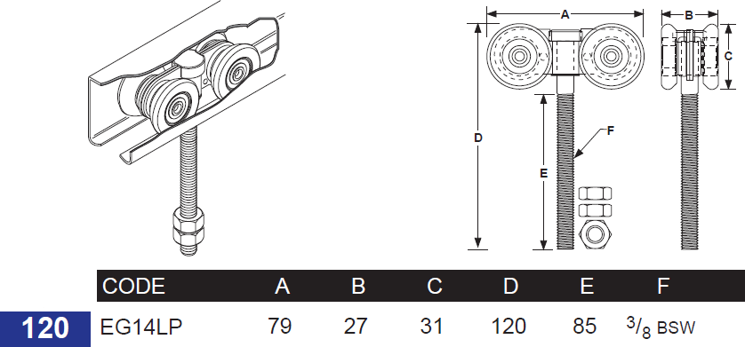 Eltrak Sliding Door Roller. Four Wheel. EG14LP - Image 4
