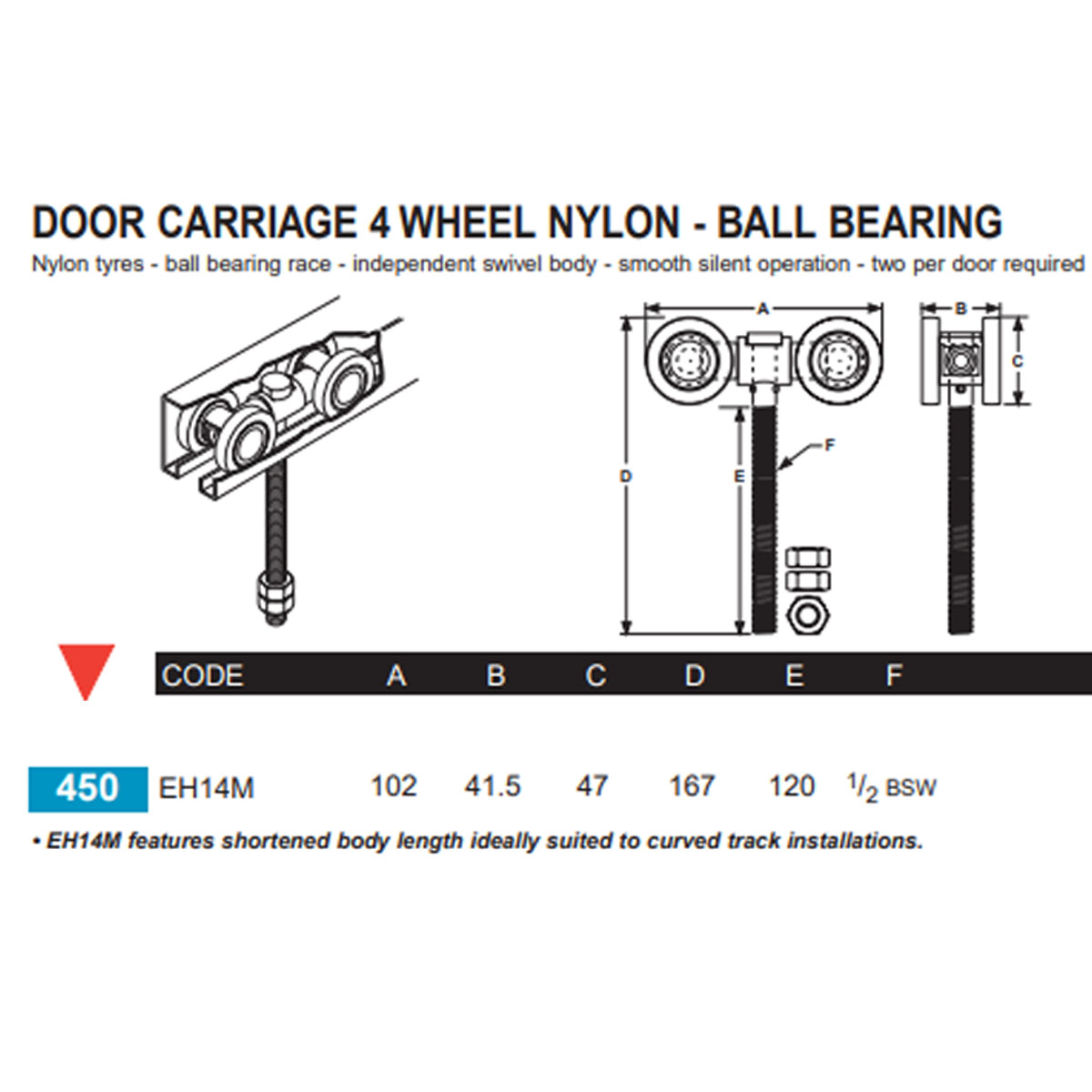 Round Corner Door Track Roller. Eltrak EH14M. Short Body - Image 2