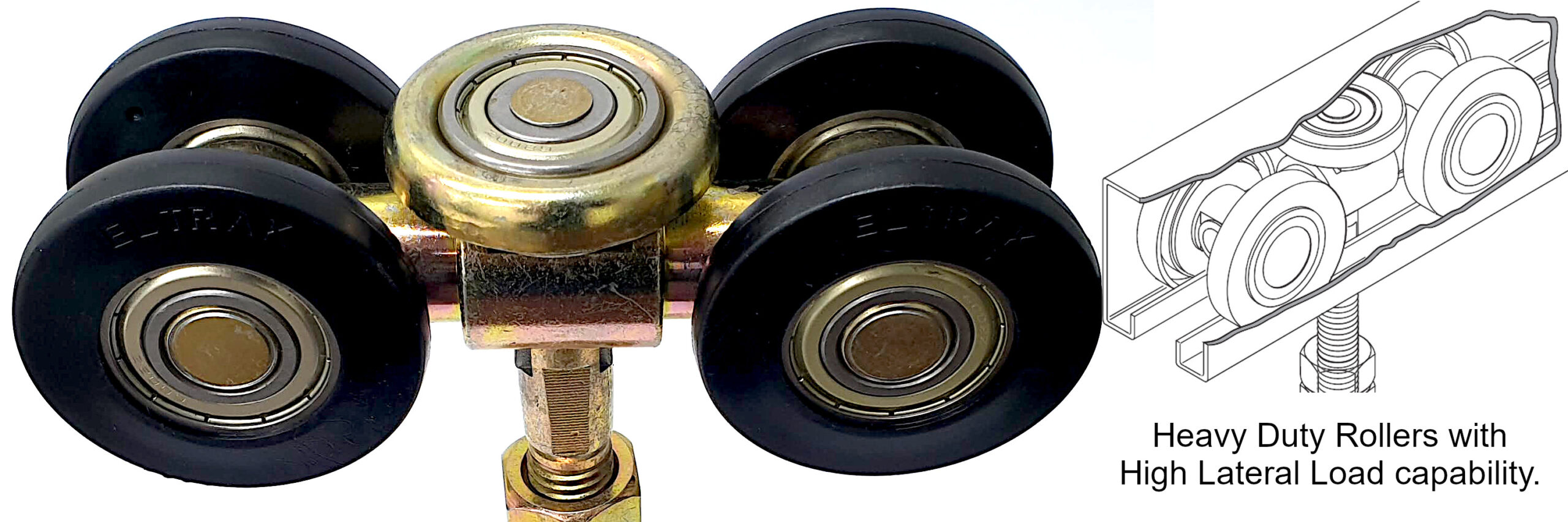 Eltrak Industrial Sliding Door Track and Rollers for Warehouses, Hangars and Implement Sheds.